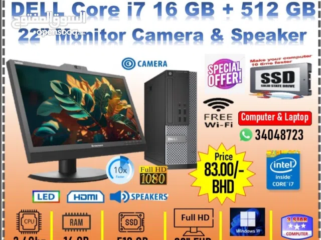DELL i7 PC 16 GB RAM 512GB SSD 22" Monitor Built-in Camera,Speaker Fast Working FREE WIFI