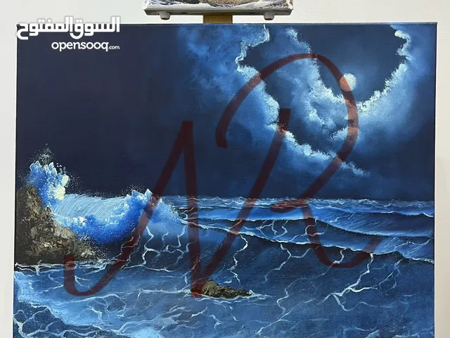 Oil Painting Seascape at night لوحة فنيّة زيتية ( منظر ليلي لشاطئ البحر )