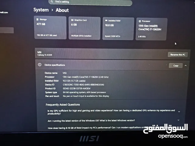 MSI Cyborg A13VE-218US Gaming Laptop, 15.6" FHD 144Hz IPS, Intel Core i7-13620H, 16 GB RAM, 512GB SS