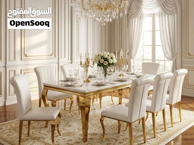 طاولة طعام ستيل رخام 8 مقاعد - ذهبي