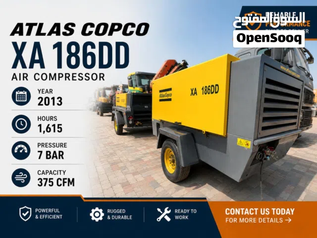 Atlas Copco XA 186DD Air Compressor Year 2013  Hours: 1,615  7 BAR  375 CFM