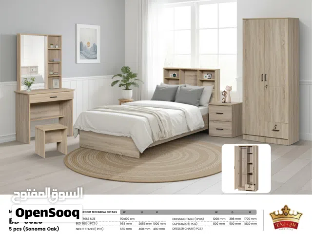 جميع اثاث غرف النوم الفرديه والثنائيه والثلاثيه، طاولات، خزائن ويتوفر التوصيل والتركيب مع الدوشك طبي