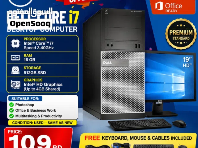 Dell Core i7 -Computer Set Speed 3.40Ghz 16GB RAM  512GB SSD Win 10 Pro 19′′ HD Monitor-/ WhatsApp