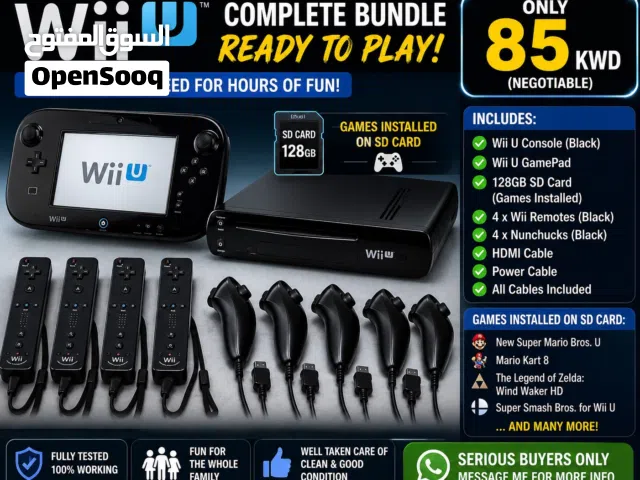 Wii U bundle with 4 remotes, 4 nunchucks, Mario Kart 8, Zelda HD, 7 games ready to play.