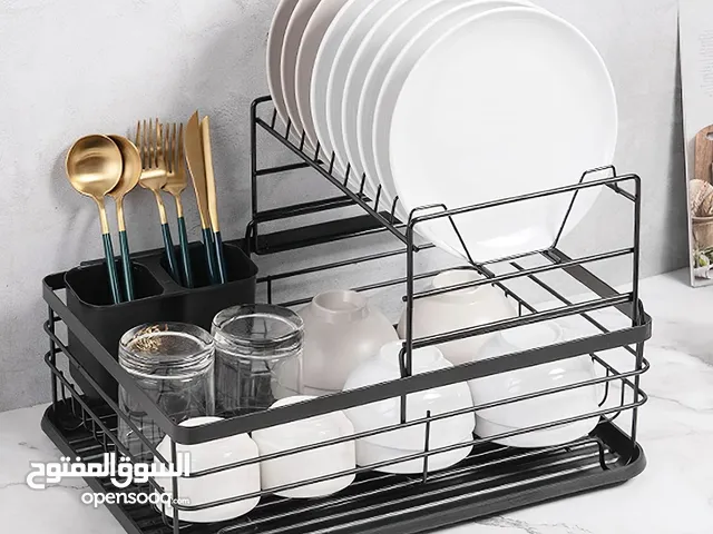 2 TIER DISH DRYING RACK – BLACK COUNTERTOP KITCHEN RACK WITH CUTLERY HOLDER AND DRAIN TRAY