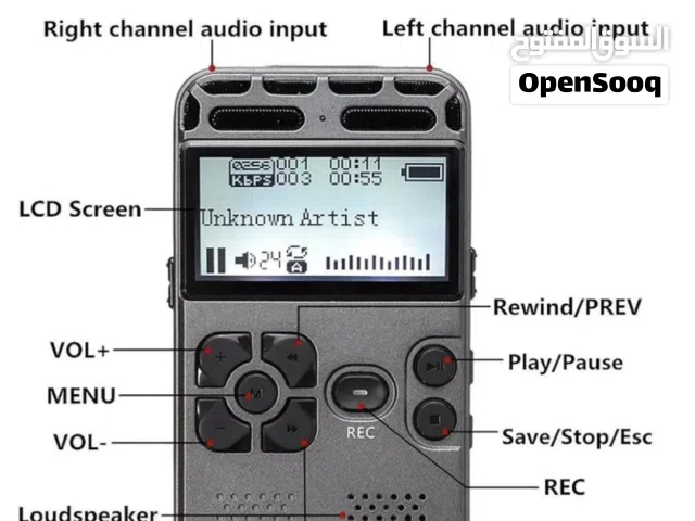 مسجل صوت رقمي قابل لإعادة الشحن. يتميز بشاشة LCD. يمكن تفعيله بالصوت. يمكن إضافة ذاكرة إضافية