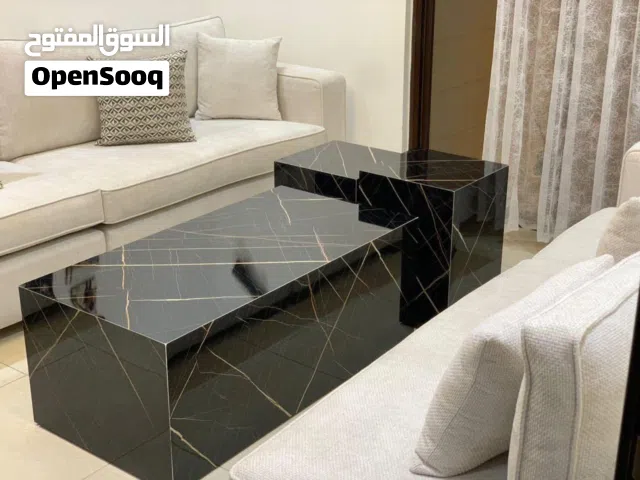 طاولة معيشة وسط مع طاولتين جانبيتين خشب بديل رخام