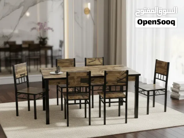 طقم طاولة طعام خشبية ريفية مع 6 كراسي متينة