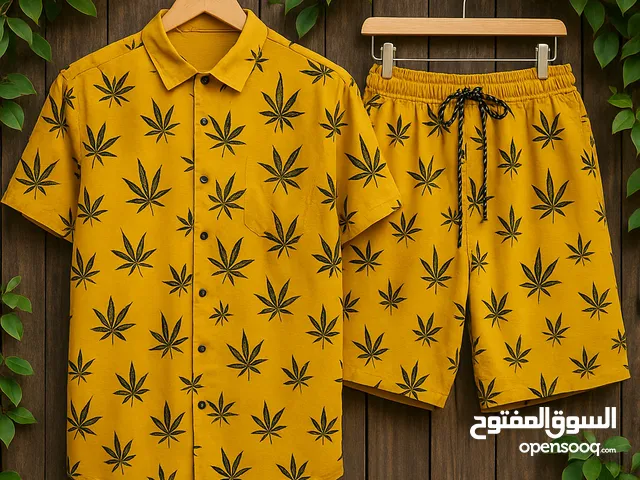 Men’s Mustard Yellow Summer Set – Cannabis Leaf Print Shirt & Shorts Casual Co-ord Outfit