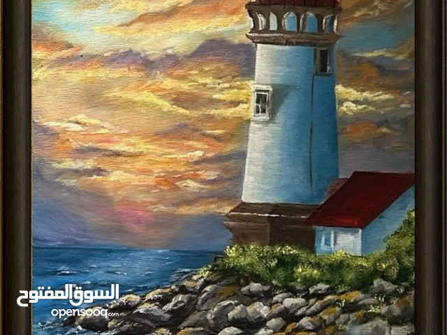لوحة فنية للبيع - تُجسّد منارة على حافة بحر عند غروب الشمس.