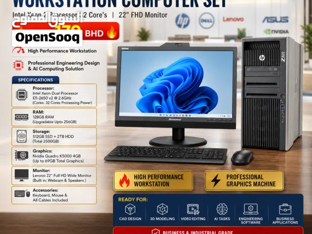 HP Workstation Xeon 32 Core's Computer Set 128GB RAM 22" FHD Monitor NVidia 4GB Graphics 512GB SSD