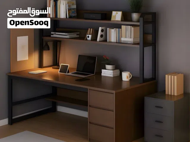 ميز مكتبي رفوف   نوع الخشب MDF والأرجل حديد القياسات :   العمق 50 سم * العرض 120 سم * الارتفاع 15