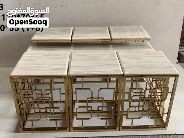 طقم طاولات قهوة وخدمة رخامي فاخر 7 قطع بلون ذهبي - KH84 - التصفية الشاملة