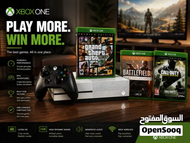 Xbox One S 1TB مع ألعاب قراند 5 (GTA V) وكود وباتلفيلد