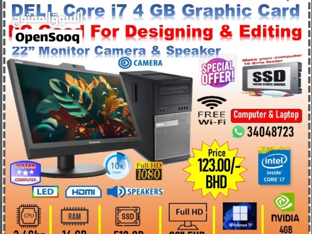 DELL i7 PC 16 GB RAM 512GB 4GB Graphic Card GT-730 SSD 22" Monitor Built-in Camera,Speaker