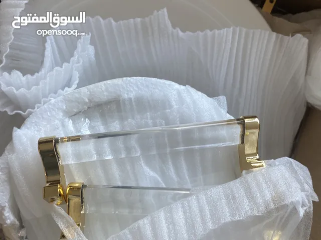 Gold and crystal platter for Dessert or cake or sweets with plates and spoons  حامل ذهبي مع كريستال