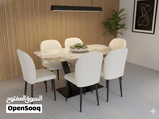 ميز طعام بتصميم عصري " 6 كرسي " طاولة مصنوعة من المرمر ، القاعد حديد فولاذ ثقيل و ثابت