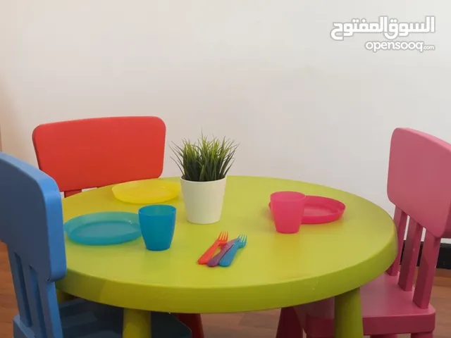 IKEA kids dining table, 1 table 3 chairs EXCLUDING the plates and cups