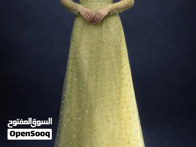 فستان سهرة انيق وفخم باللون الاخضر الفستقي الفاتح، المطرز بالكامل بتفاصيل لامعه راقية.