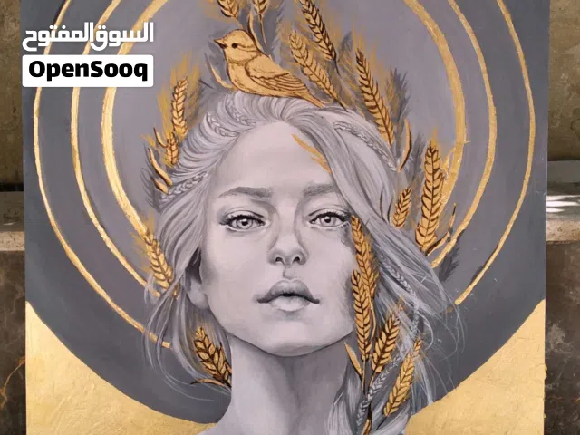 لوحة فنیة یدویة بارزة 100*120cm_تصمیم إمرأة بهالة ذهبیة
