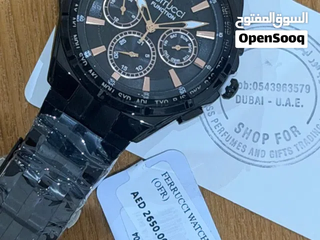 ساعة ferrucci أصلية بتصميم فاخر وأنيق، لون أسود مع تفاصيل روز جولد جذاب بحالة جديدة مع العلبة.