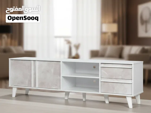 طاولة تلفزيون عصرية بتصميم رخامي أبيض ورمادي - TV 164