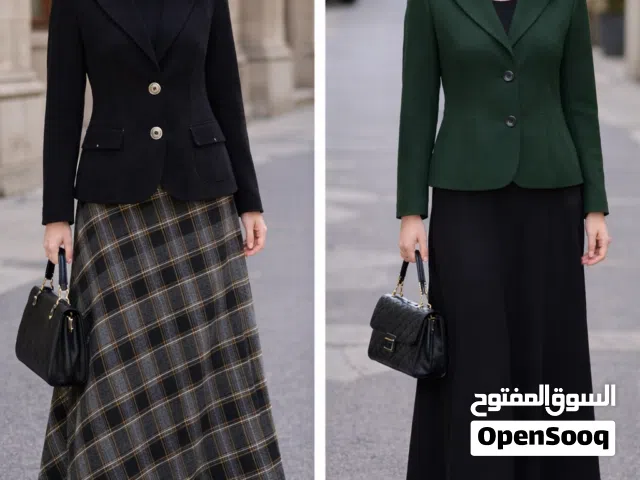 اطقم جاكيت وتنورة صناعة تركية فاخرة جوخ ومخمل مقاس X لارج جديد غير مستعمل طقم اسود وطقم زيتي اخضر