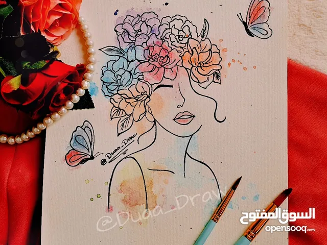 رسم بورترية شخصية بالقلم الرصاص الالوان + رسم لوح ديكور زيتيه ، مائي+ اكريلك