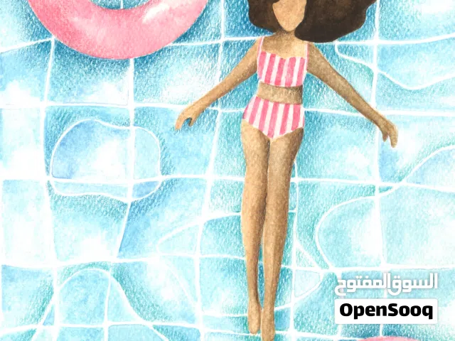 Original Watercolor & Colored Pencil Painting – Summer Pool Scene
