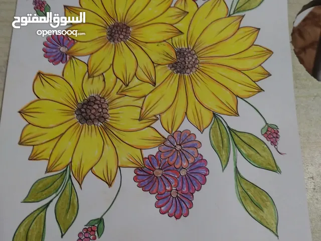 رسم زهور دوار الشمس بالالوان الخشبيه