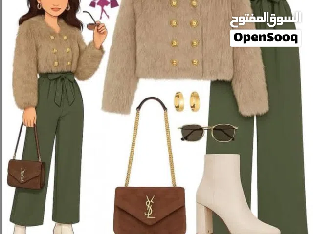 طقم كلاسيكي خاص بالاناقة والدلع جاكت فرو شعر ناعم زرارت ذهبية مع بنطلون حرير وربطة خصر