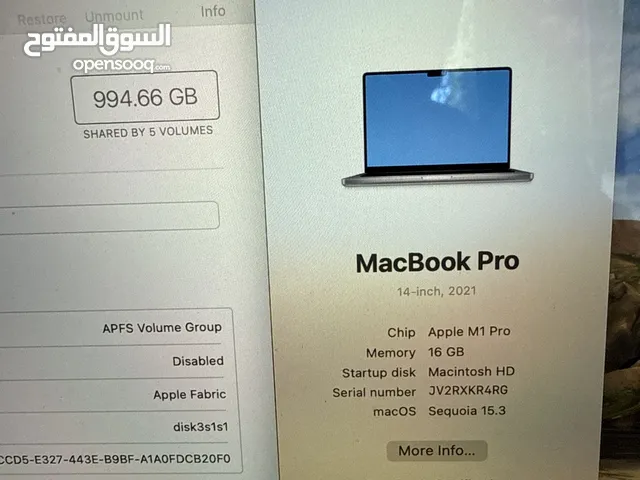ماك بوك برو M1 شاشه 14 بوصه هارد ssd 1 تيرا