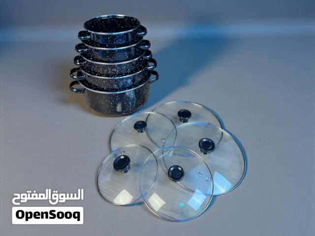 طقم قدور مينا فاخر 5 قطع بغطاء زجاجي – تصميم مرقّط مقاوم للحرارة