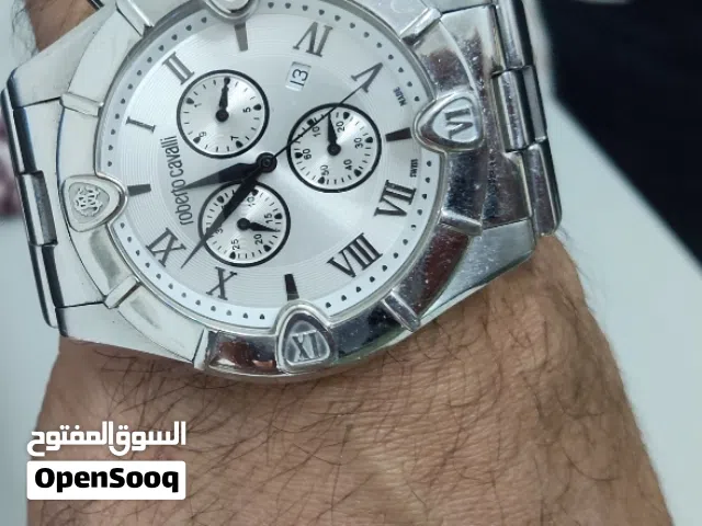 ساعة روبرتو كافالي الماسية للرجال بمينا فضية وسوار من الستانلس ستيل اصليه