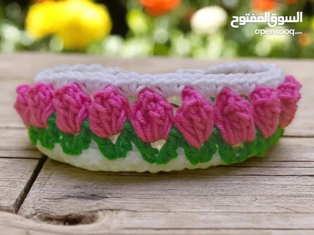 handmade crochet flower tulip headband adult size cream color can be tied