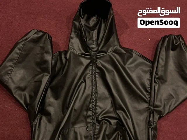 جاكيت جلد صناعي (بو) بكم طويل وقصيرة وفضفاضة مع كابوشون، طراز جرانج، خريف/شتاء جكيت جلد صناعي رجالي