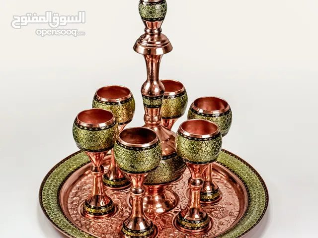 Luxury handmade Copper and Khatam Wine Goblet Set with Decorative Tray, 8-Piece Traditional Serving
