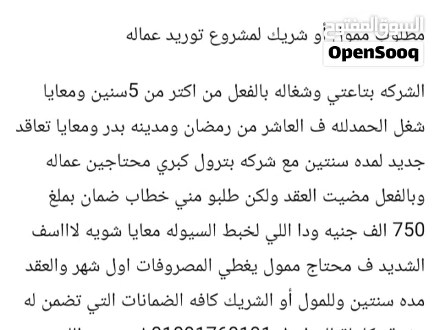 محتاج ممول أو شريك ل توريد عماله ل شركه بترول كبري