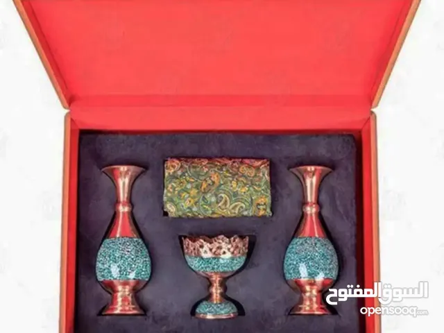 طقم مزهرية وحامل جوز، فيروزي وكشمير، فن إيراني جميل، مجموعة من 4 قطع للطلبات الفردية والكمية، اترك ر