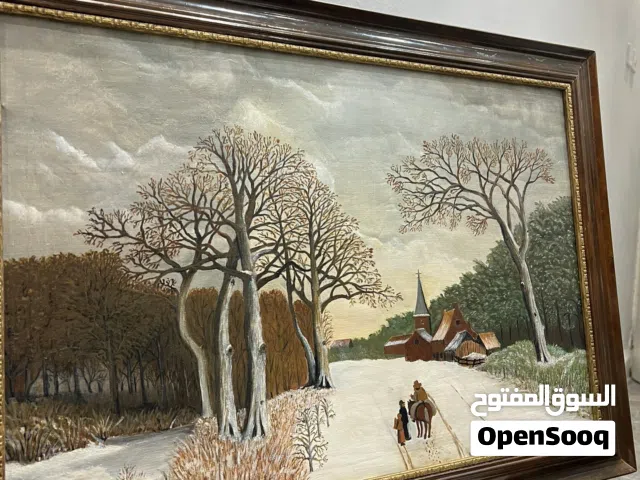 لوحة زيتية أصلية (1988) – مشهد شتوي أوروبي مع كنيسة – 50×60 سم