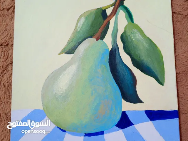 لوحة برسم يدوي بالوان الاكريليك لفاكهة الكمثرى