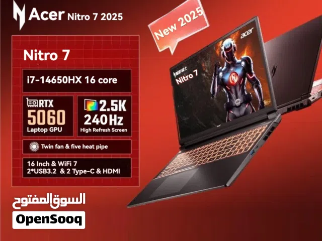 【2025 New Stock】Acer Nitro·7 i7-14650HX + RTX 5060 + 16GB + 1TB SSD + 240HZ + 2.5K Display + WiFi 7
