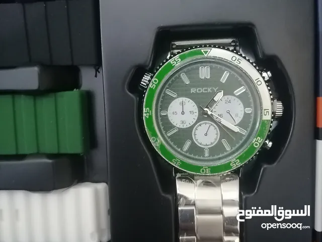 rookie green watch with five extra straps rubber ساعة روكي سلفر و أخصر