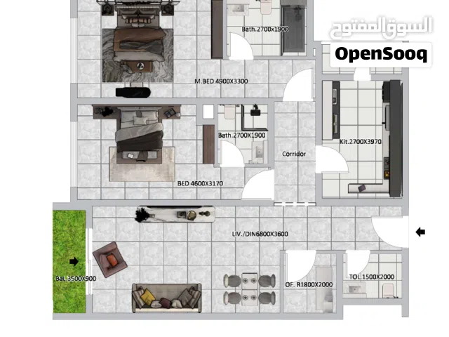 2BHK - شقه من غرفتين + بلكون مطله على الجنوب