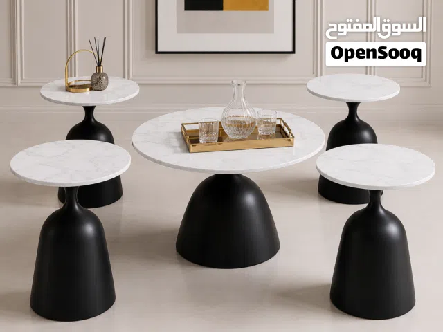 طقم طاولات قهوة رخامي مودرن فاخر مكون من 5 قطع مع قواعد سوداء - التصفية الشاملة