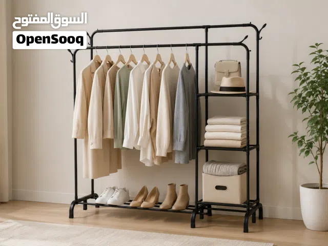((ستاند ملابس معدني مزدوج مع رفوف جانبية وتنظيم أحذية ))