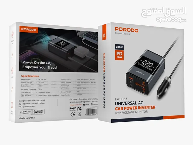 محول Porodo للسيارة – 200 واط + PD 36W + شاشة فولتية