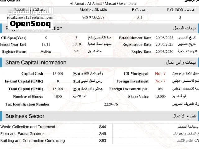 للبيع سجل تجاري مع خمس ماذونيات مقولات   مدفوعة جاهزة سجل يد ونظيف