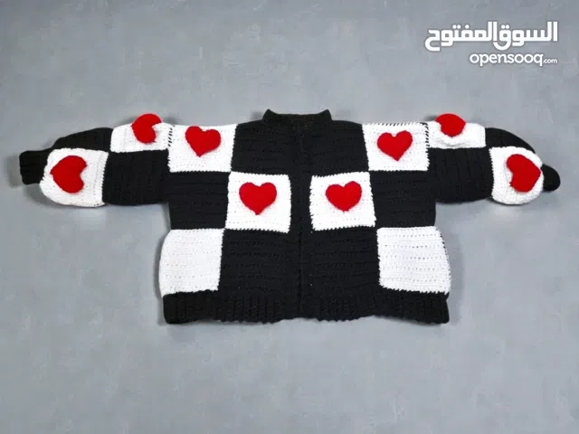 Handmade crochet cardigan checkered black and white with puffy red hearts one size fits most