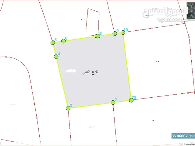 قطعة شمال عمان  حوض التلاع الغربي لها واجه كبيرة على الشارع وفيها منسوب مربعة الشكل 1970م2